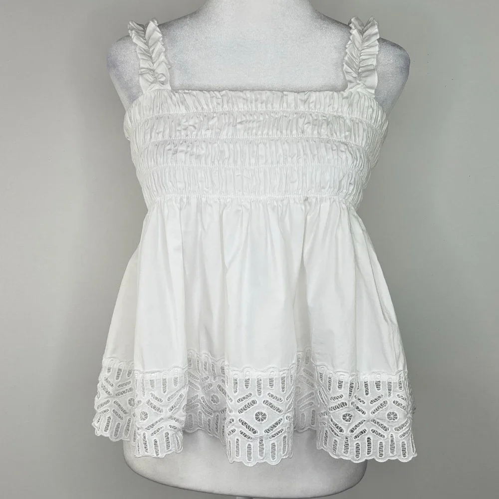 TORY BURCH White Smocked Lace Eyelet Ruffle‎ Boho Coastal Cowgirl Baby Doll Sz 8